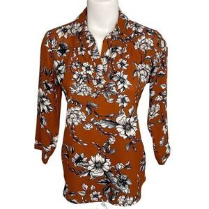 Womens Van Heusen Brown Gray Floral 3/4 Sleeve Blouse ‎ Top sz XS